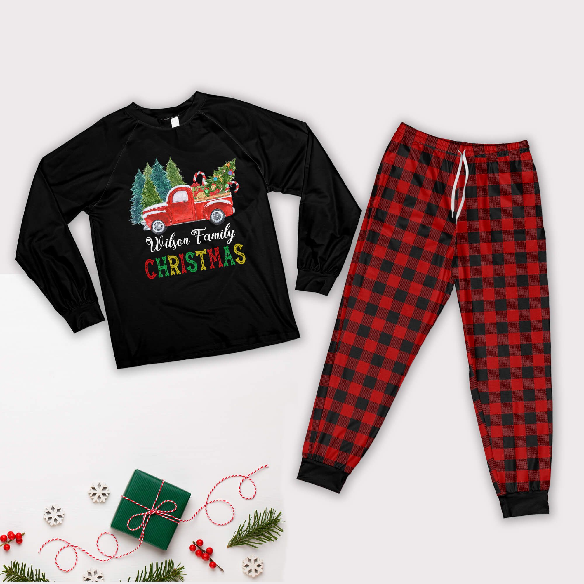 Red Truck Christmas Tree Pajamas Personalized Names Family Christmas Pajamas Set Pajamas Shirt Black XS