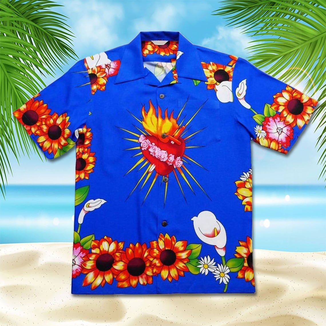 Romeo and Juliet Flower & Heart Hawaiian Shirt Style: Short-Sleeve Hawaiian Shirt, Color: Royal