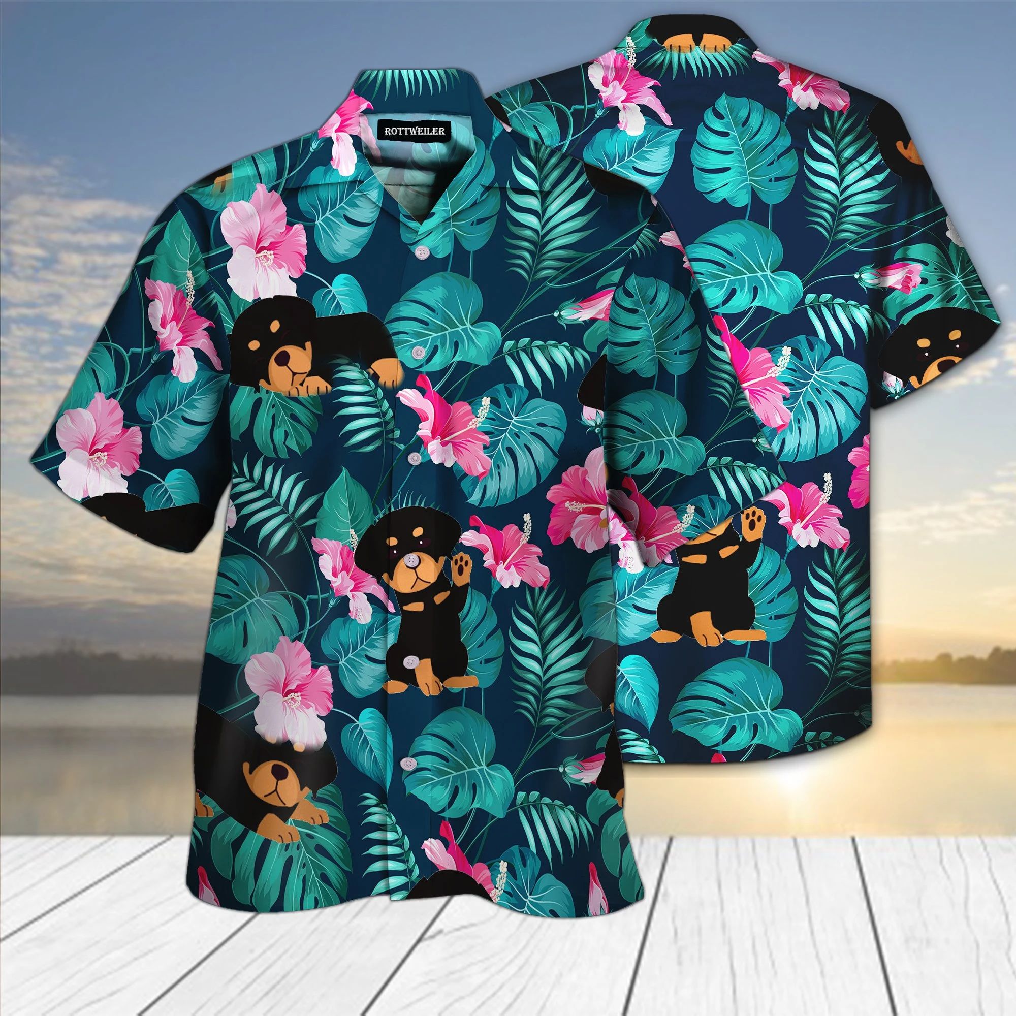 Rottweiler 3D All Over Print Hawaiian Shirt Style: Short Sleeve Hawaiian Shirt, Color: Black