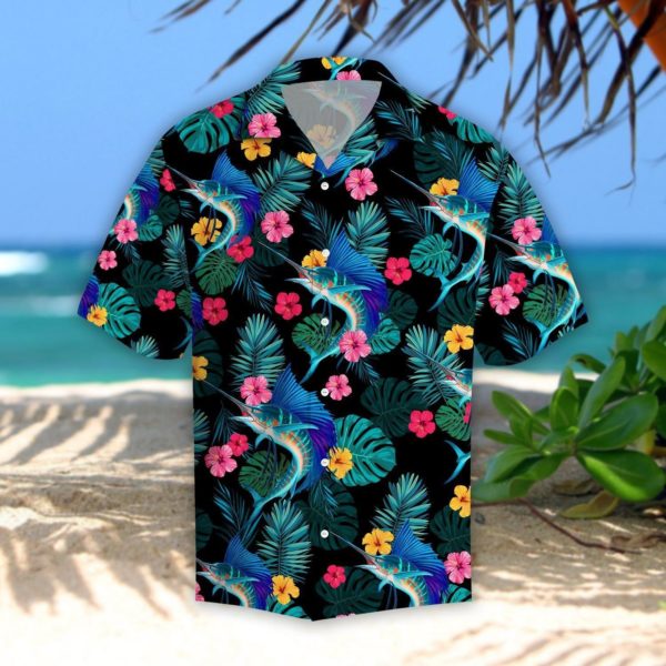 Sailfish Tropical Leaves Hawaiian Shirt Short Sleeve Hawaiian Shirt Black S