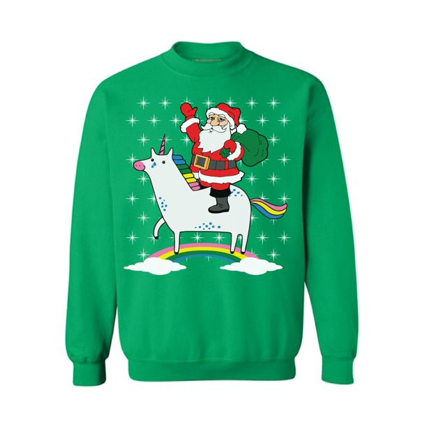 Santa and Unicorn deliver Christmas gift Style: Sweatshirt, Color: Green
