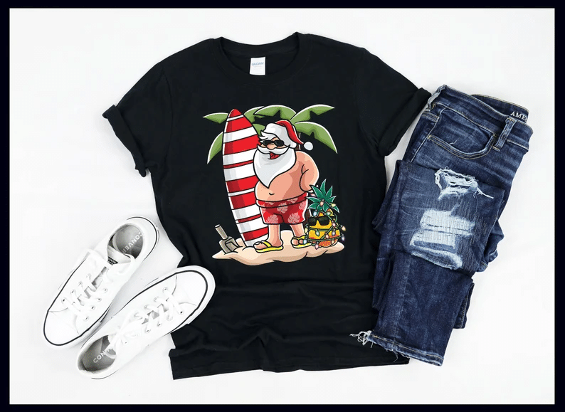 Santa Claus Hawaiian Santa Claus Goes Surfing  Christmas  T-Shirt Style: Unisex T-shirt, Color: Black