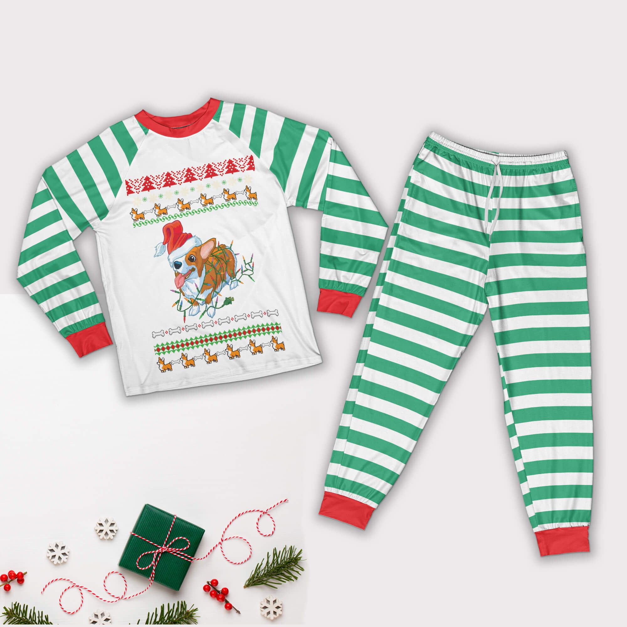 Santa Corgi Christmas Pajamas Set for Family Pajamas Set Green XS