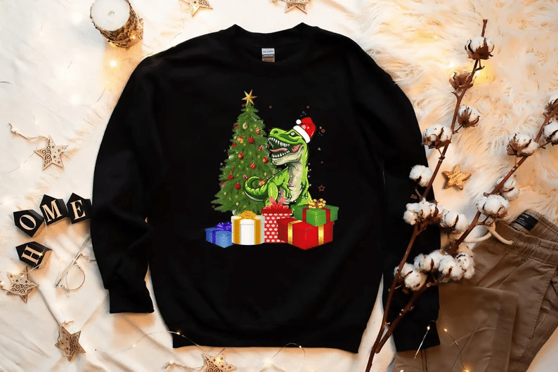 Santa Dinosaur Christmas Tree Gift Holliday Christmas Sweatshirt Style: Sweatshirt, Color: Black