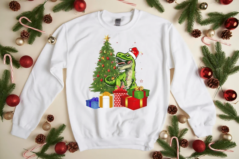 Santa Dinosaur Christmas Tree Gift Holliday Christmas Sweatshirt Style: Sweatshirt, Color: White