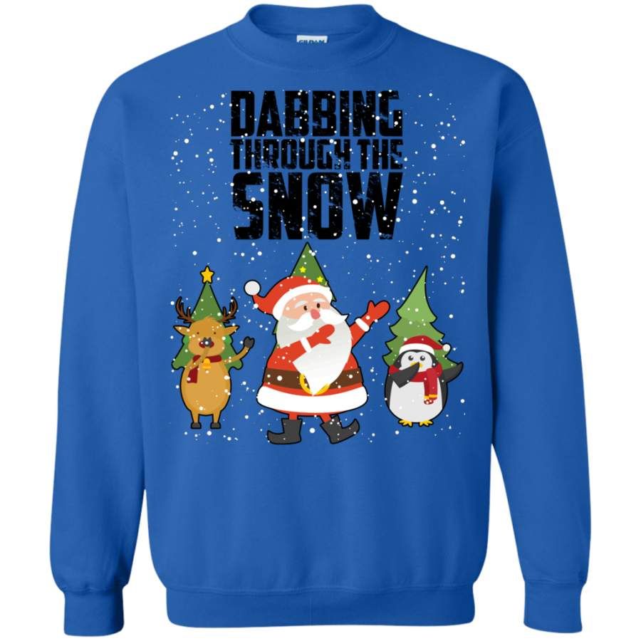 Santa Reindeer Penguin Dabbing Through The Snow Christmas Sweatshirt Style: Sweatshirt, Color: Blue