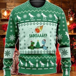 Santaaa Dinosaur Christmas Sweater AOP Sweater Green S