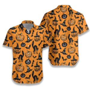 Scary Halloween Black Cat Pumpkin And Bat Orange Hawaiian Shirt Short-Sleeve Hawaiian Shirt Orange S