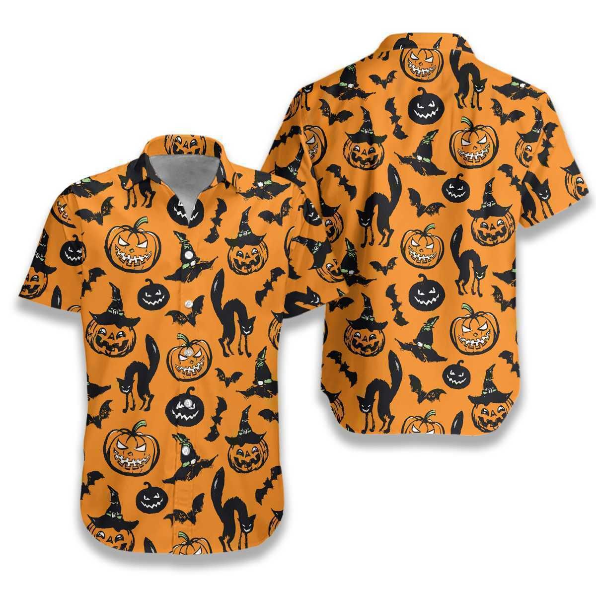 Scary Halloween Black Cat Pumpkin And Bat Orange Hawaiian Shirt Style: Short-Sleeve Hawaiian Shirt, Color: Orange