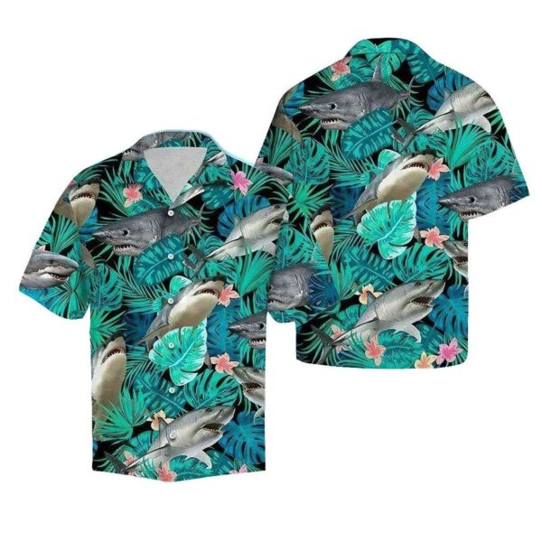 Shark tropical hawaiian button shirt Short Sleeve Hawaiian Shirt White S
