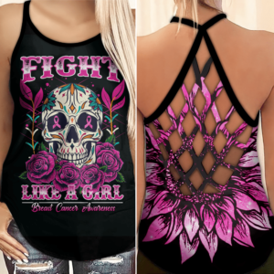 Skull Breast Cancer Awareness Fight Like A Girl Criss Cross Tank Top product photo 0