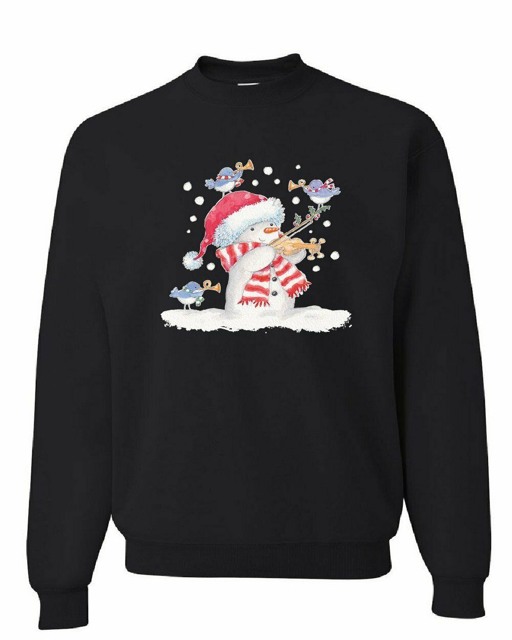 Snowman Playing a Violin Sweatshirt Merry Christmas  Snowman happiness funny birds Style: Sweatshirt, Color: Black