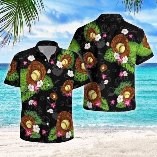 Softball Flowers Tropical Hawaiian Shirt S black Hawaiian