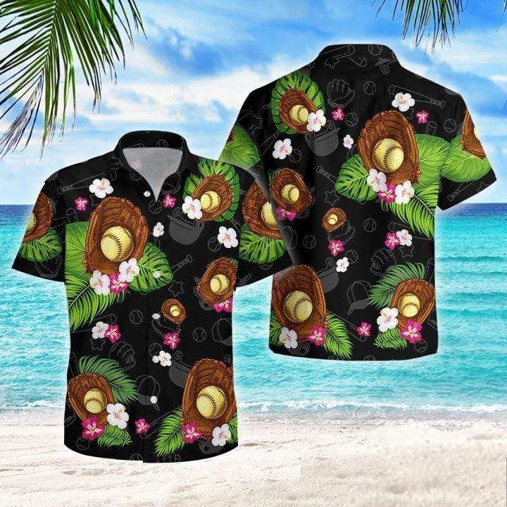 Softball Flowers Tropical Hawaiian Shirt Size: S, Color: Black