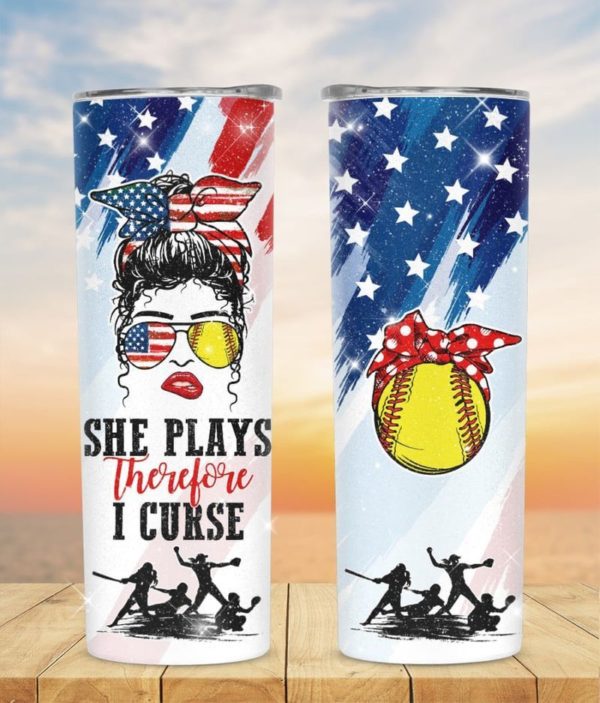 Softball Girl, She Plays Therefore I Curse Skinny Tumbler product photo 2