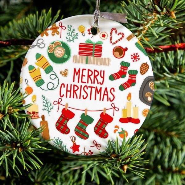 Stocking Christmas Tree Sign Circle Ornament Circle Ornament White 1-pack