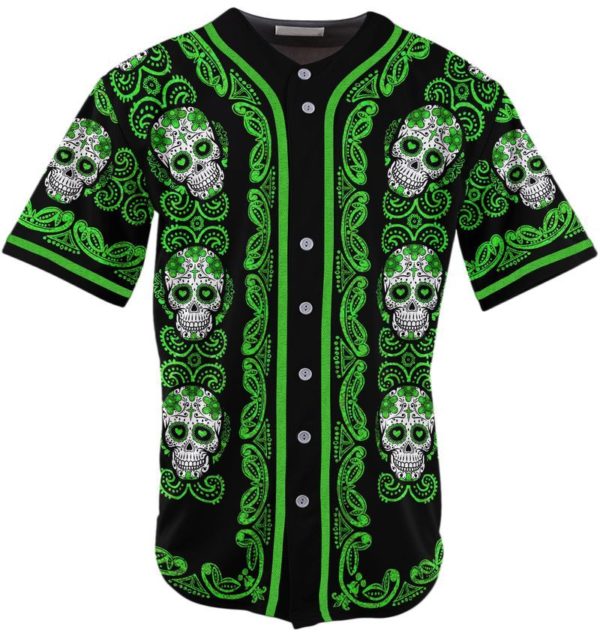 Sugar Skull Pattern Baseball Jersey Green XS