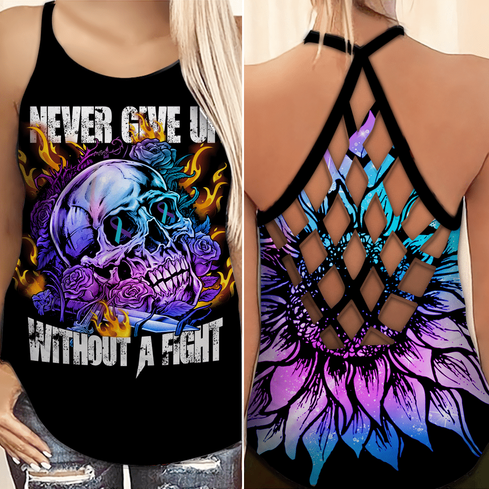 Suicide Awareness Never Give Up Without A Fight Cross Tank Top Style: Criss Cross Tank Top, Color: Black