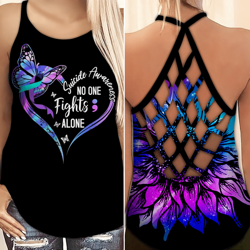 Suicide Awareness No One Fights Alone Criss Cross Tank Top Style: Criss Cross Tank Top, Color: Black