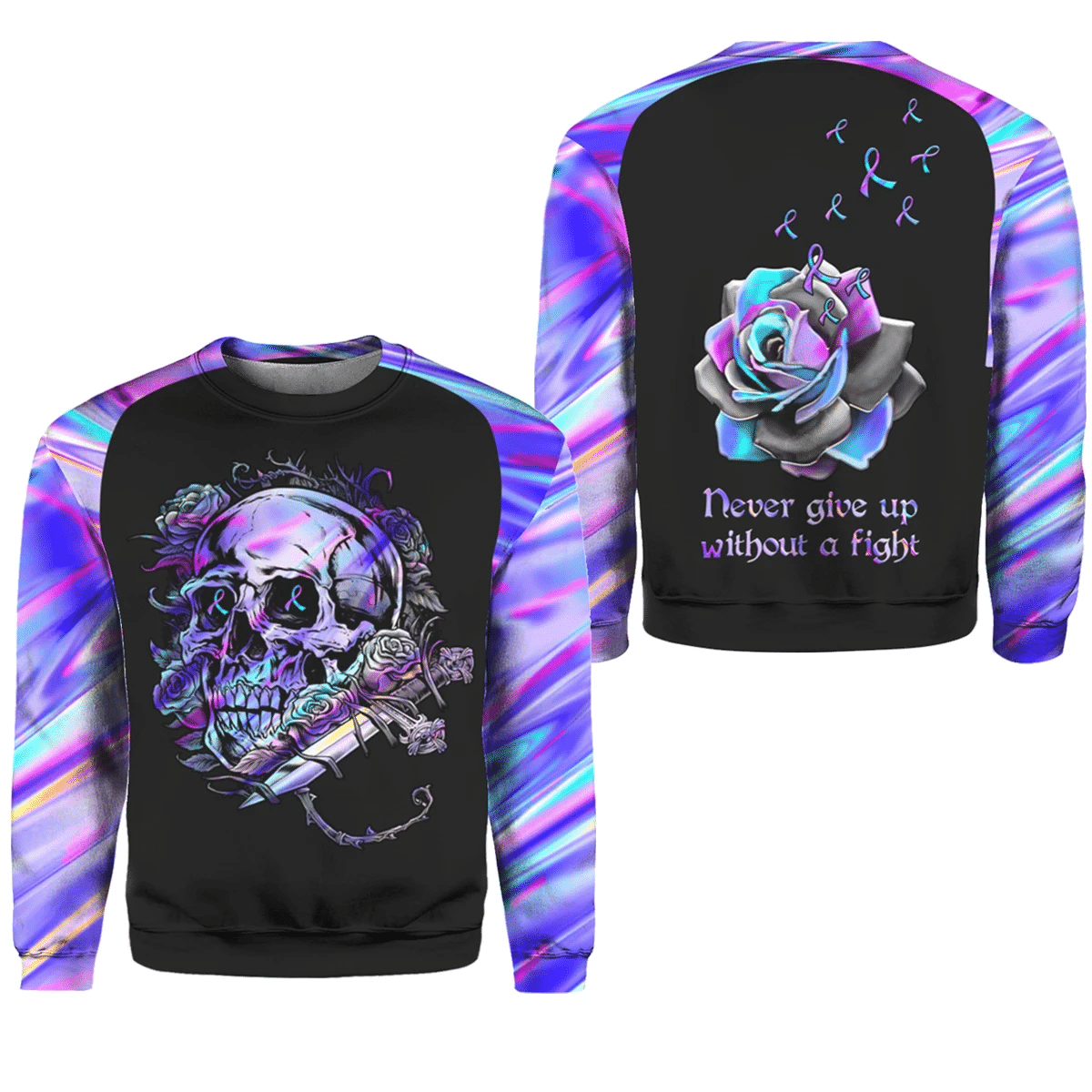 Suicide Awareness Rose, Never Give Up Without A Fight 3D Printed Shirt Style: 3D Sweatshirt, Color: Black