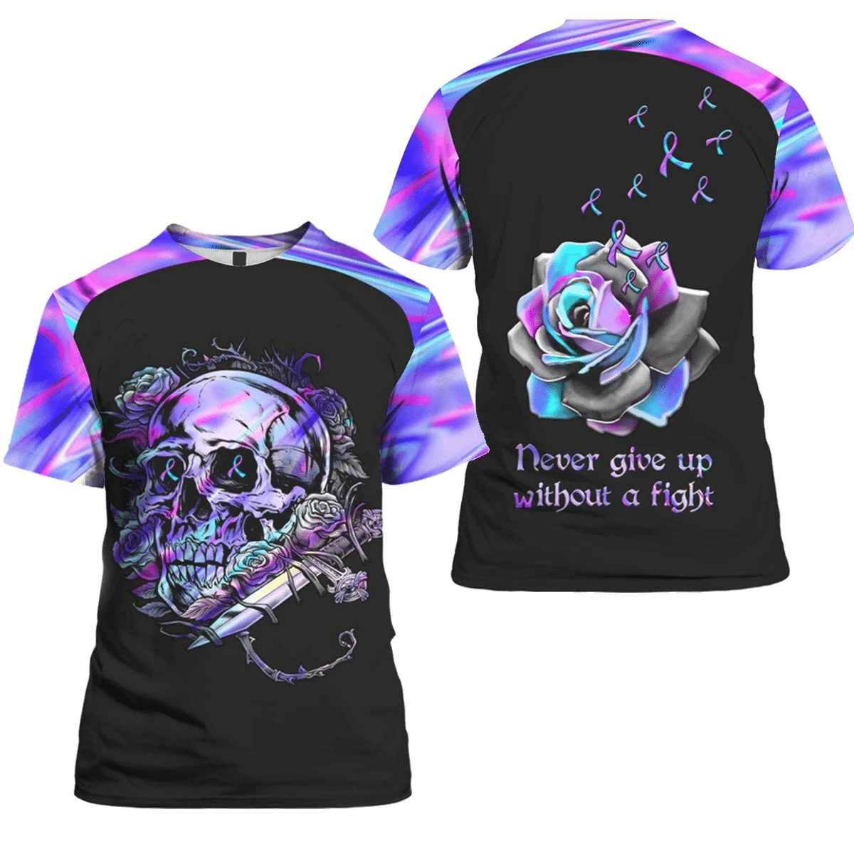 Suicide Awareness Rose, Never Give Up Without A Fight 3D Printed Shirt Style: 3D T-Shirt, Color: Black