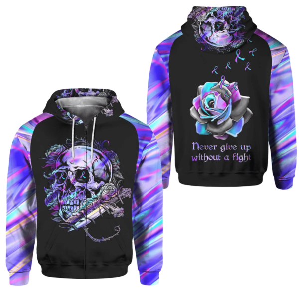 Suicide Awareness Rose, Never Give Up Without A Fight 3D Printed Shirt 3D Zip Hoodie Black S