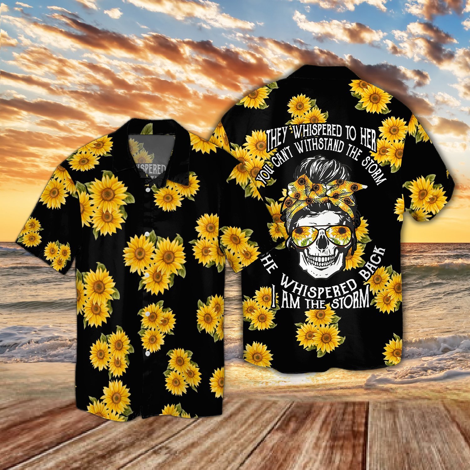 Sunflower Skull Girl I Am The Storm Hawaii Shirt Short-Sleeve Hawaiian Shirt Yellow S