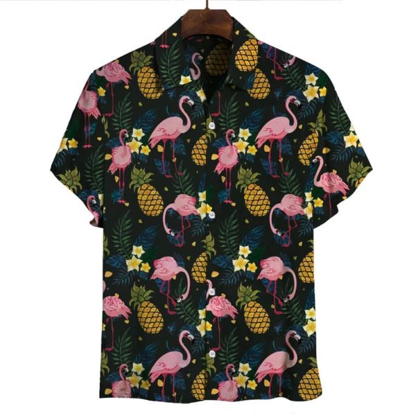 The Flamingo and Pineapple Hawaiian Shirt Short Sleeve Hawaiian Shirt Black S