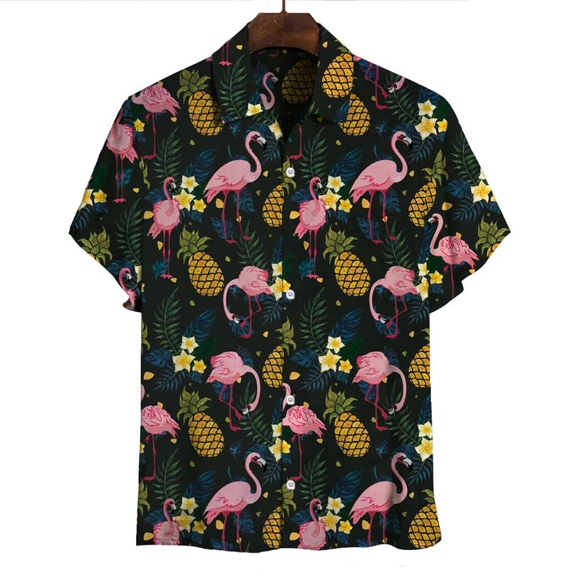 The Flamingo and Pineapple Hawaiian Shirt Style: Short Sleeve Hawaiian Shirt, Color: Black