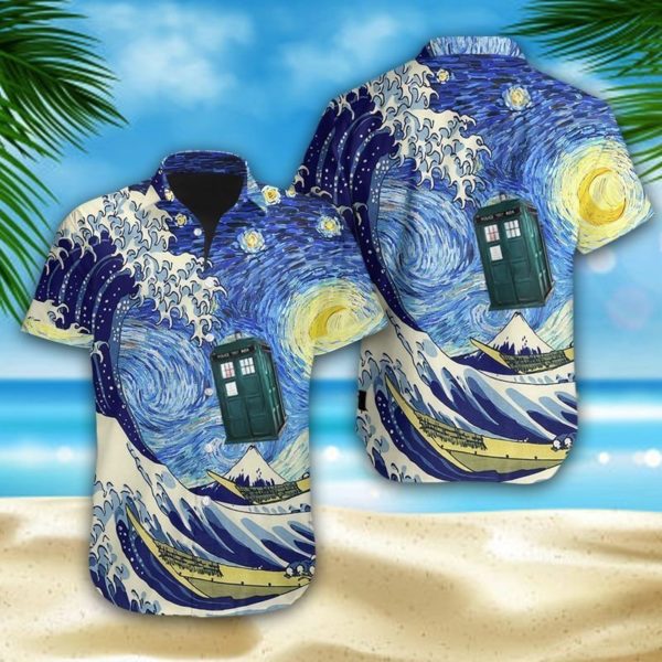 The Great Wave off Kanagawa vs Starry Night Doctor Who Hawaiian Shirt Short Sleeve Hawaiian Shirt Navy S