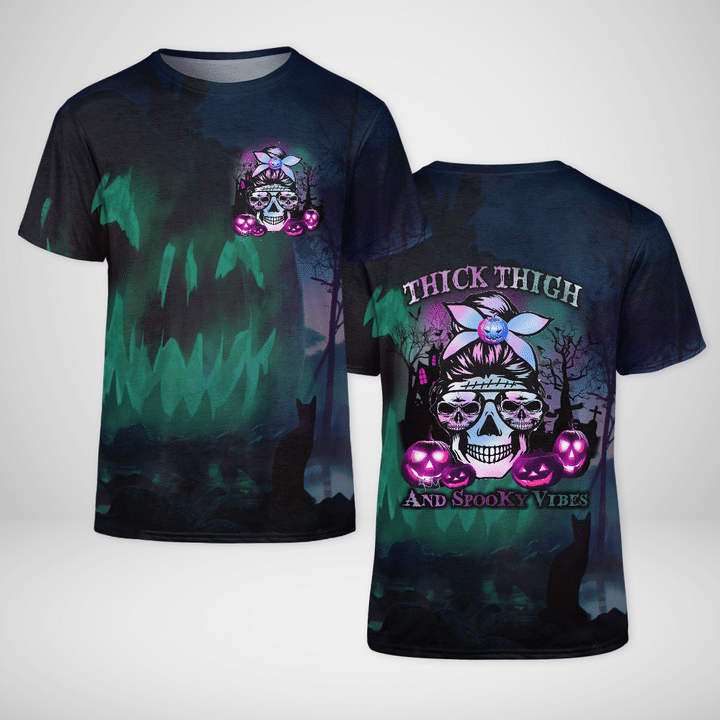Thick Thigh And Spooky Vibe Pumpkin Skull 3D All Over Print Shirt Style: 3D T-Shirt, Color: Black