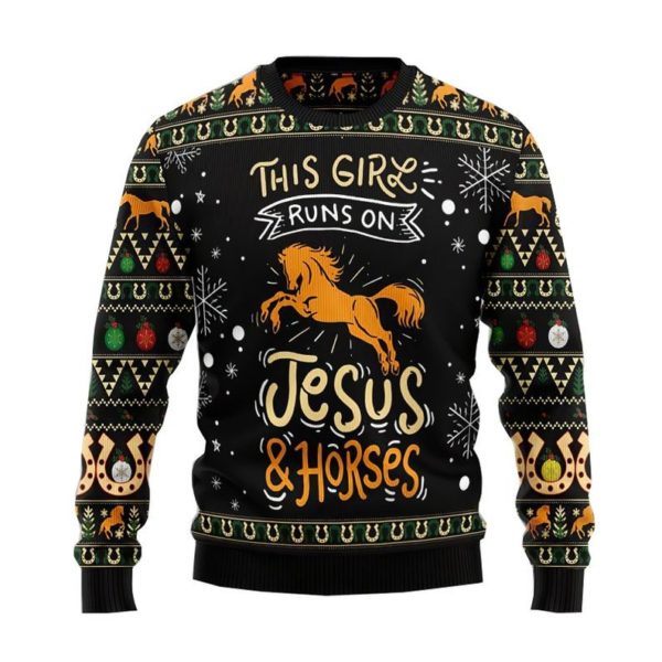 This Girl Runs On Jesus And Horses Christmas Sweater AOP Sweater Black S