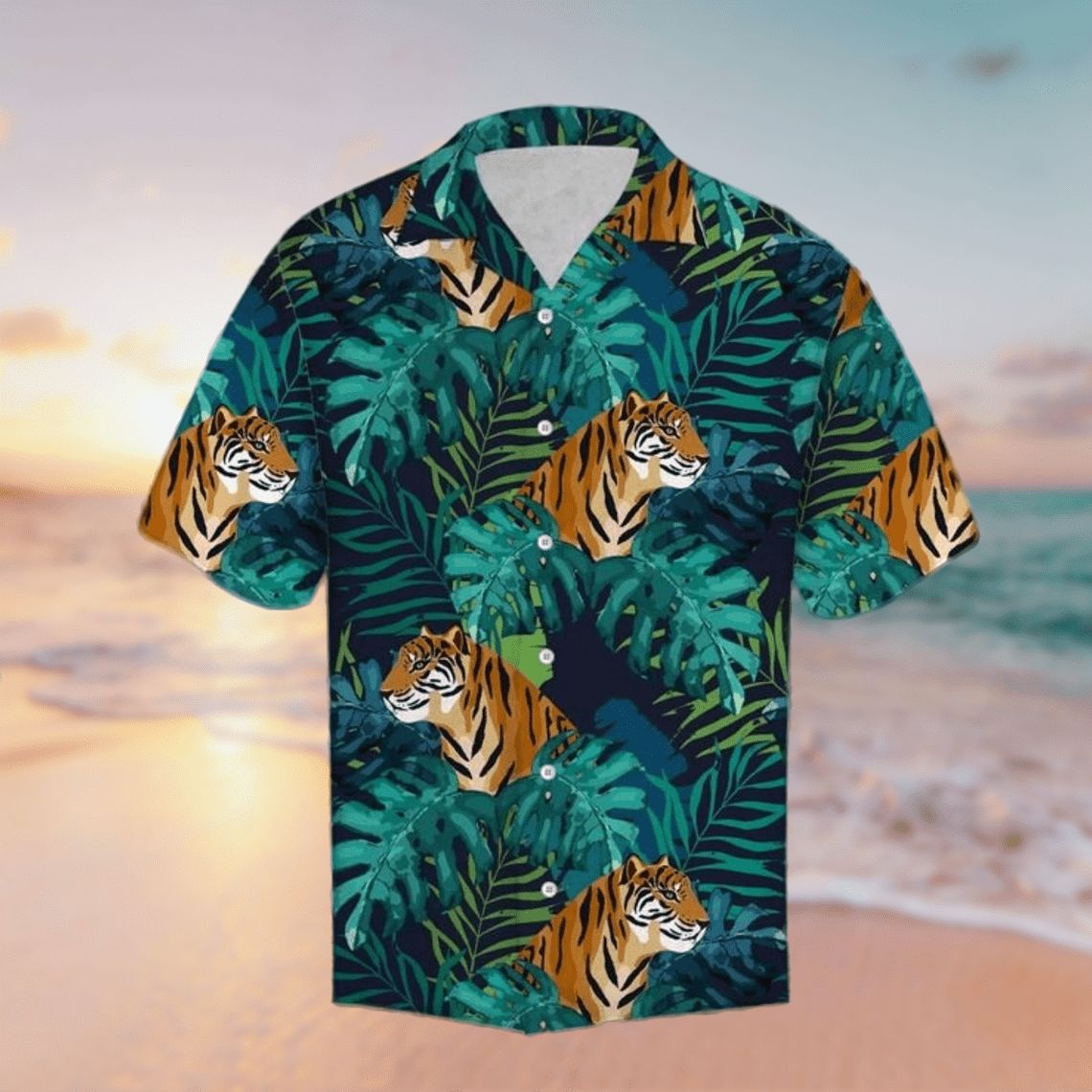 Tiger Tropical Hawaiian Shirt, Unique Summer Gift Idea Style: Short Sleeve Hawaiian Shirt, Color: White