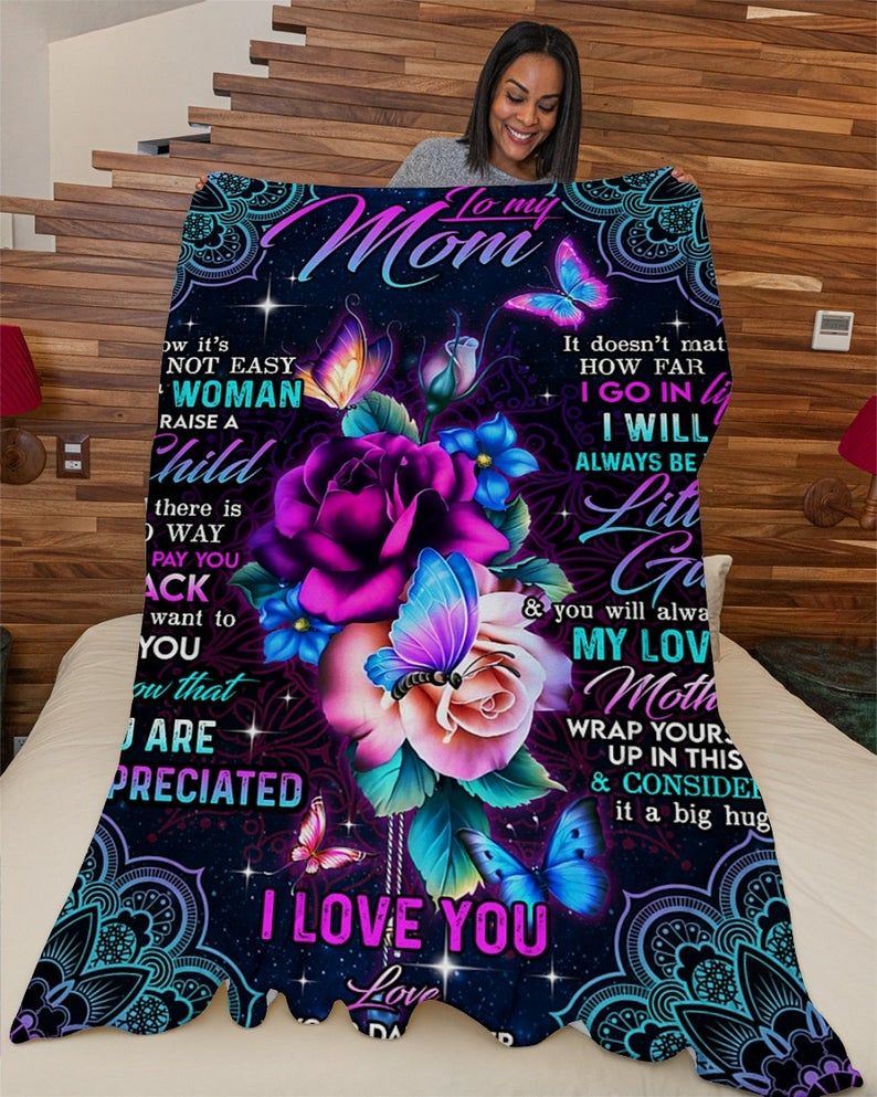 To My Mom I Love You | Butterfly & Rose - Fleece Blanket Size: Small (30x40in)