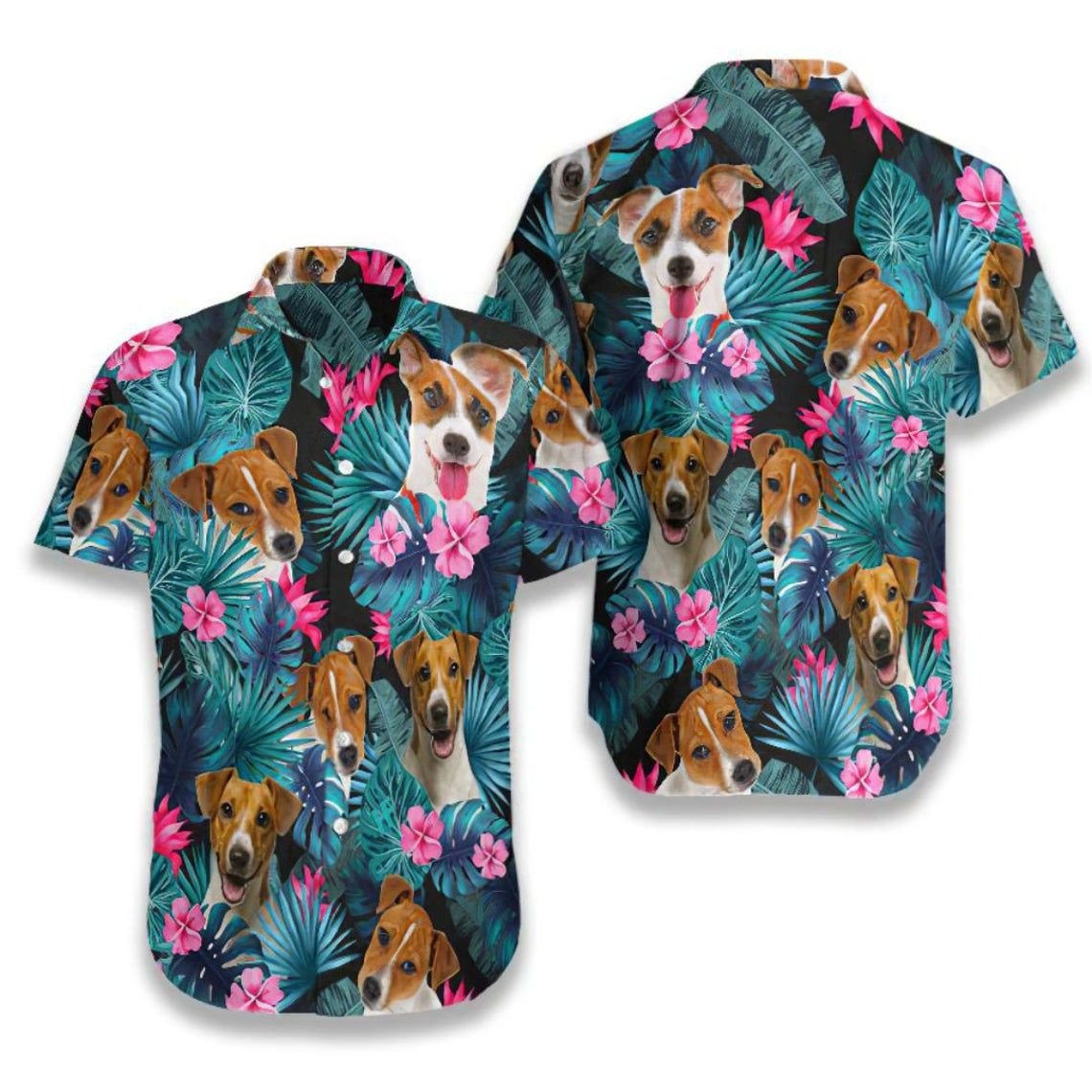 Tropical Jack Russell Terrier Hawaiian Shirt, Fullprint Button Shirt Style: Short Sleeve Hawaiian Shirt, Color: Black