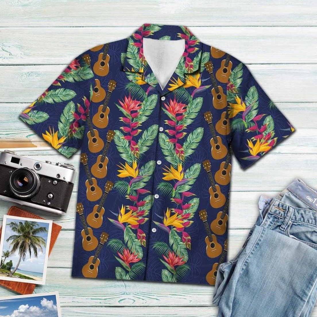 Tropical Ukulele Hawaiian Shirt Style: Short Sleeve Hawaiian Shirt, Color: White