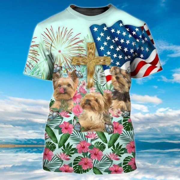 Tropical Yorkshire Dog American Flag Christian T-Shirt 3d All Over Printed 3D T-Shirt Light Green S