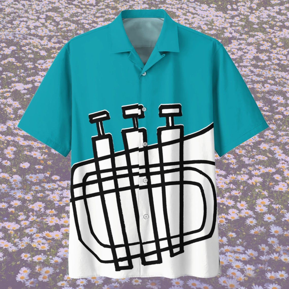 Trumpet Button Hawaiian Shirt Style: Short Sleeve Hawaiian Shirt, Color: White