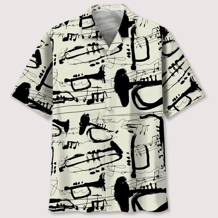 Trumpet Instrument Hawaiian Shirt Style: Short-Sleeve Hawaiian Shirt, Color: White