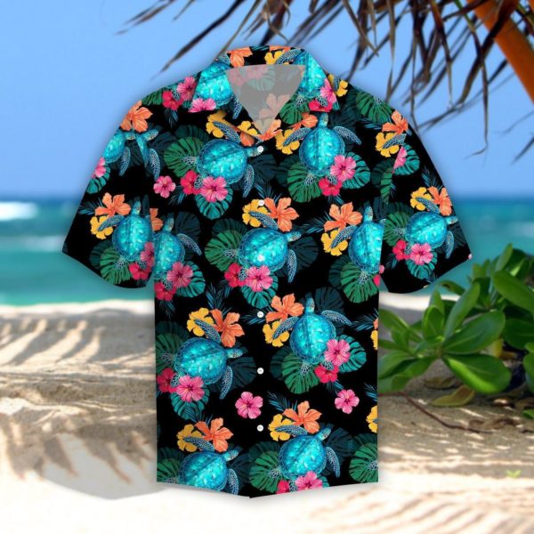 Turtle & Flower Tropical Leaves Hawaiian Shirt Short Sleeve Hawaiian Shirt Black S