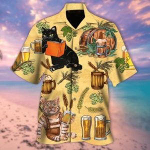 Ugly Black Cat And Beer Hawaiian Shirt Short-Sleeve Hawaiian Shirt Yellow S