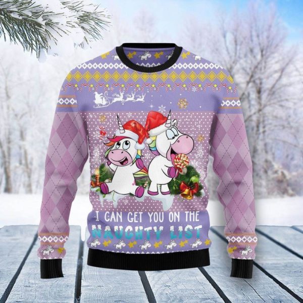 Unicorn I Can Get You On The Naughty List Christmas Sweater AOP Sweater Purple S