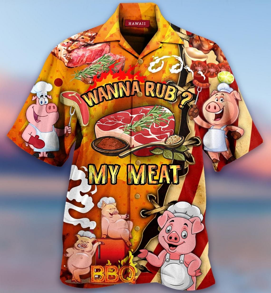 Wanna Rub My Meat Funny Pig Barbecue Hawaiian Aloha shirt Style: Short Sleeve Hawaiian Shirt, Color: Orange
