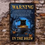 Warning A Witch Lives Here Black Cat Halloween Canvas Wall Art Portrait Canvas Black 8x12