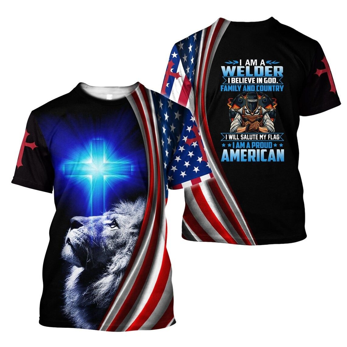 Welder American Jesus Faith Lion 3D Printed T-Shirt Style: 3D T-Shirt, Color: Black