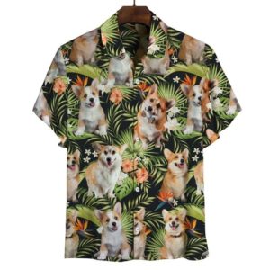 Welsh Corgi Tropical Leaves Hawaiian Shirt Short Sleeve Hawaiian Shirt Black S