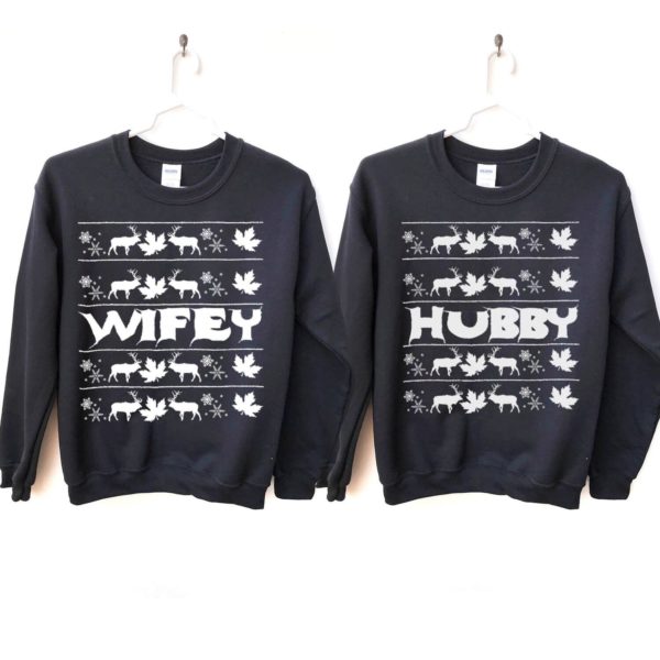 Wifey Hubby Couple Christmas Sweatshirt Wifey Black S