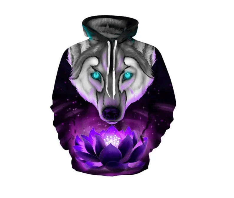 Wild Wolf And Beautiful Lotus Christmas Gift Cool Hoodie 3D All Over Print Hoodie Style: 3D Hoodie, Color: Purple