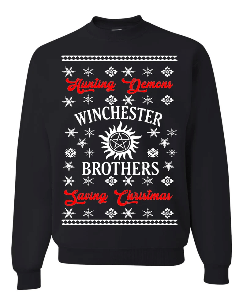 Winchester Brothers Hunting Demons Saying Christmas Sweatshirt Style: Sweatshirt, Color: Black