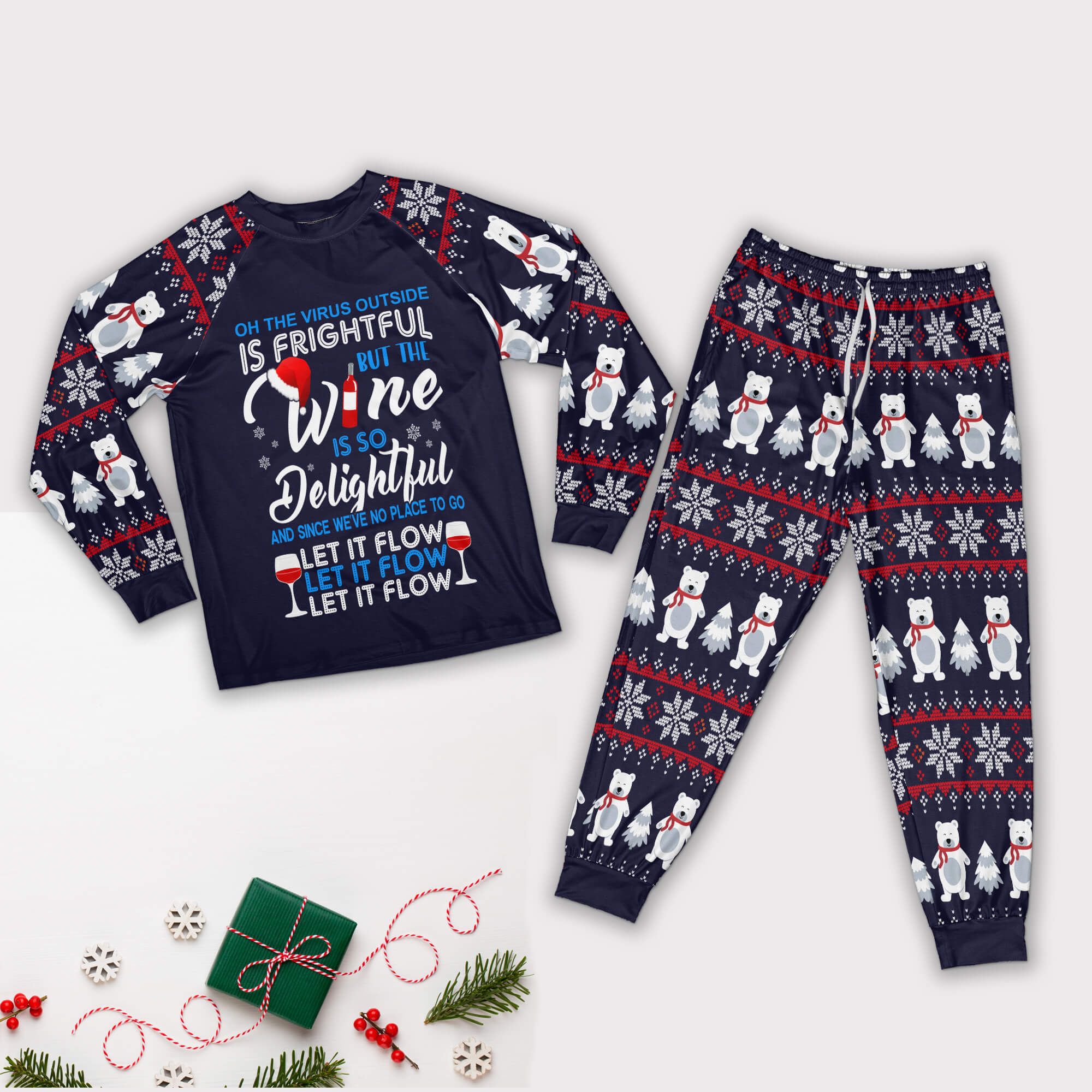 Wine Is So Delightful, Let It Flow Family Set Pajamas, Christmas Pajamas Style: Adult Pajamas Shirt, Color: Navy